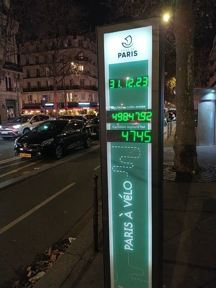 Digital counter next to a bike lane, showing: 31.12.23. Cyclistes cette année : 4984792. Cyclistes aujourd'hui: 4745