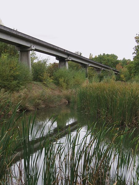 Aérotrain test track in a forest, reflected in water