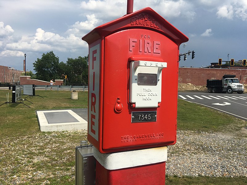“Gamewell. For fire. Open, then pull down hook”