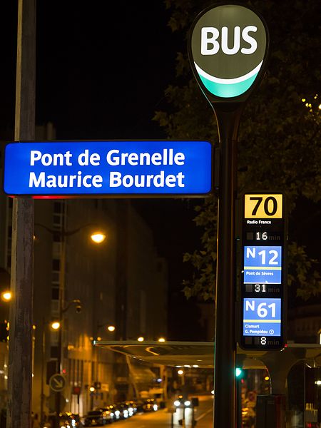 Bus stop at Pont de Grenelle Maurice Bourdet, at night