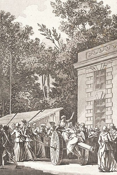 Engraving depicting women with weapons, including a cannon