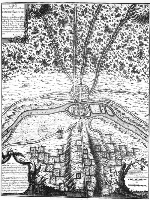Map of Paris in 508 CE, showing settlements on the Île de la Cité and on the right bank