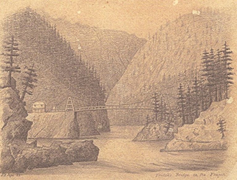 A drawing of a suspension bridge