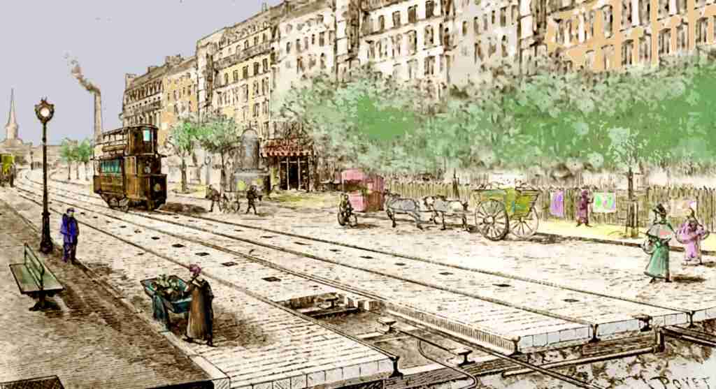 Tram on double track with studs at regular intervals between the rails
